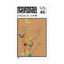Whimsical Summer Birds Swirls Modern Nature Vines Postage Stamp