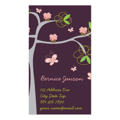 Whimsical Sweet Pink Cupcakes on Tree Butterfly Business Card (front side)