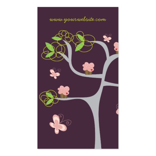 Whimsical Sweet Pink Cupcakes on Tree Butterfly Business Card (back side)