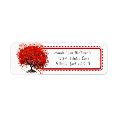 Whimsical Swirl Heart Red Tree Pink Trim on White Return Address Label