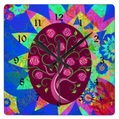 Whimsical Tree of Life Roses Colorful Abstract Square Wall Clocks