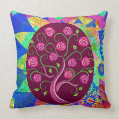 Whimsical Tree of Life Roses Colorful Abstract Throw Pillows