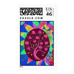 Whimsical Tree of Life Roses Colorful Abstract Postage Stamp