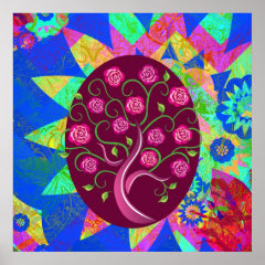 Whimsical Tree of Life Roses Colorful Abstract Posters