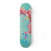 Whimsical trees flowers birds girls skateboard