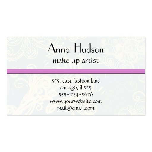 Whimsical Trendy Chic Swirls Blue White Purple Business Card (back side)