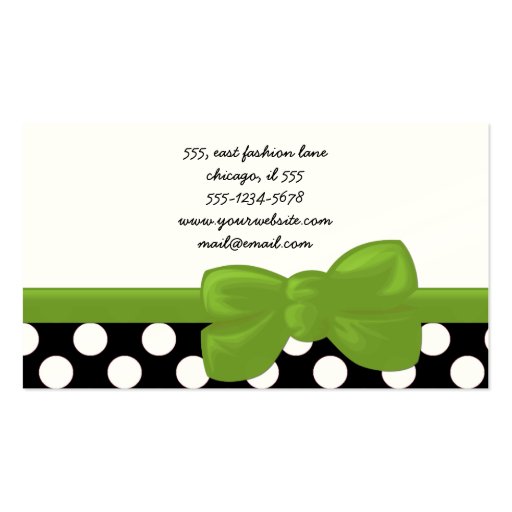 Whimsical Trendy Polka Dots Black White Green Business Card Template (back side)
