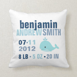 Whimsical Whale Baby Birth Announcement {blue} Pillows
