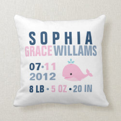 Whimsical Whale Baby Birth Announcement {pink} Throw Pillow