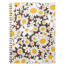 Whimsical White Daisies Ladybugs Flower Notebook