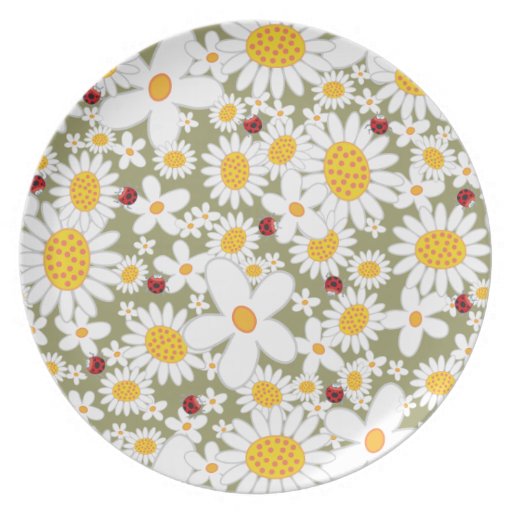 Whimsical White Daisies Ladybugs Garden Plate