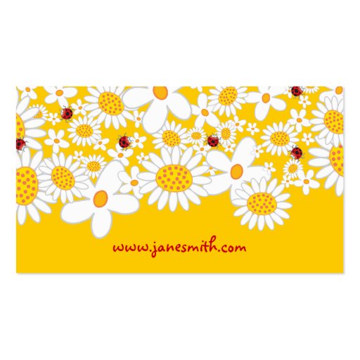 Whimsical White Daisies Spring Flowers Ladybugs Business Card (back side)