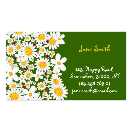 Whimsical White Daisies Spring Flowers Ladybugs Business Card (front side)