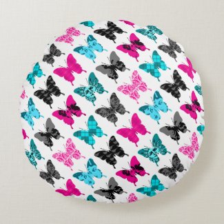 Whimsical Wings: Berries and Blues Round Pillow