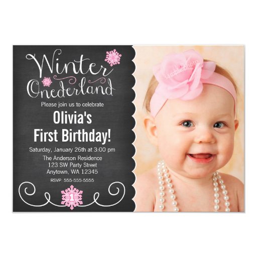Whimsical Winter Onederland Photo First Birthday Personalized Announcement (front side)
