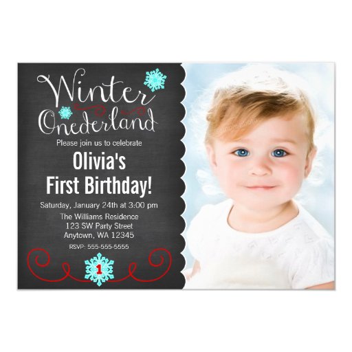 Whimsical Winter Onederland Photo Red Birthday Customized Invitation Cards (front side)