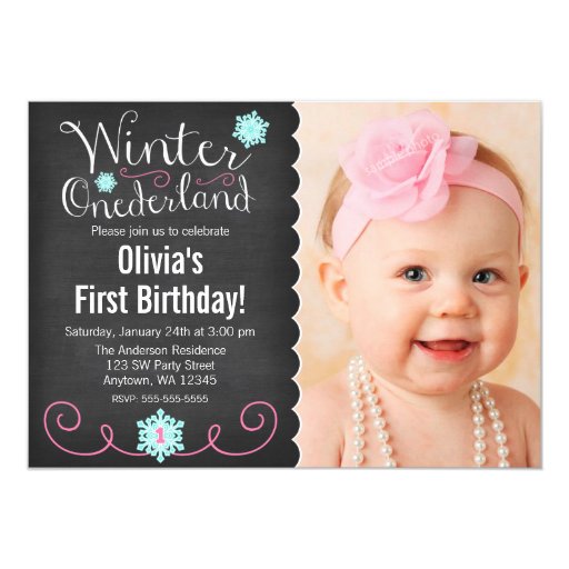 Whimsical Winter Onederland Photo Teal Birthday Personalized Invite (front side)