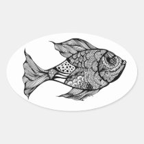 artsprojekt, doodle, drawing, ink, fish, fishing, trout, fly, fisherman, black, white, fishermen, anglers, angling, Klistermærke med brugerdefineret grafisk design