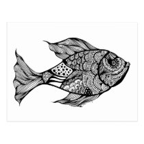 artsprojekt, art, doodle, drawing, ink, fish, fishing, trout, fly, fisherman, black, white, fishermen, anglers, angling, whiskers, Postcard with custom graphic design