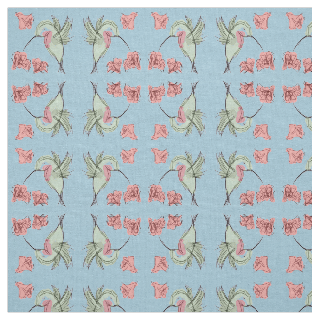 Whimsy Hummingbird With Flowers, Mirrored Blue Fabric Whimsy Hummingbird With Flowers, Mirrored Blue Fabric