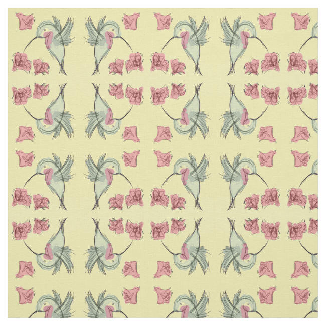 Whimsy Hummingbird With Flowers, Mirrored Yellow Fabric Whimsy Hummingbird With Flowers, Mirrored Yellow Fabric