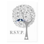 whimsy tree navy blue lovebirds mod wedding rsvp postcards