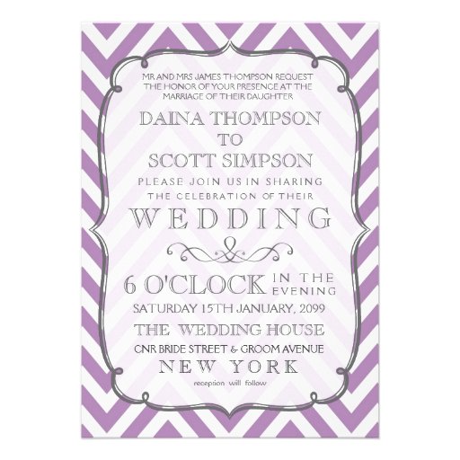 White & African Violet Chevron Stripes Wedding Invite