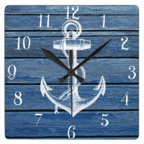 White Anchor And Vintage Blue Wood Wall Clocks at Zazzle