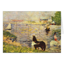 White and black horse in the river by Seurat Greeting Card