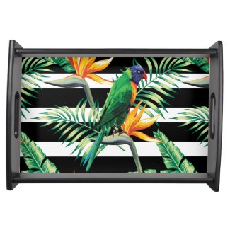 White And Black Stripes And Exotic Parrot Service Tray