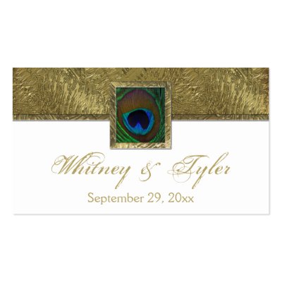 White and Gold Peacock Feather Wedding Favor Tag Business Card Template by