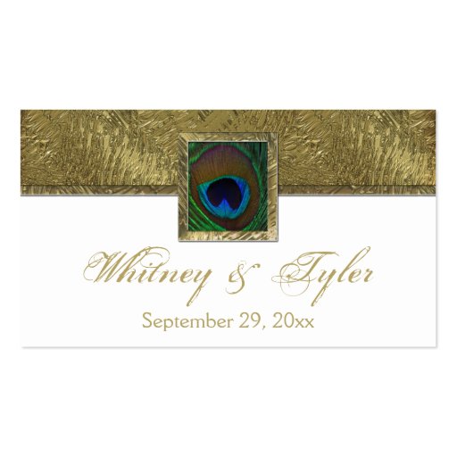 White and Gold Peacock Feather Wedding Favor Tag Business Card Template (front side)