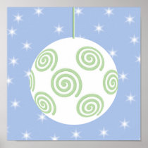 White and Green Christmas Bauble. On Starry Blue. Poster