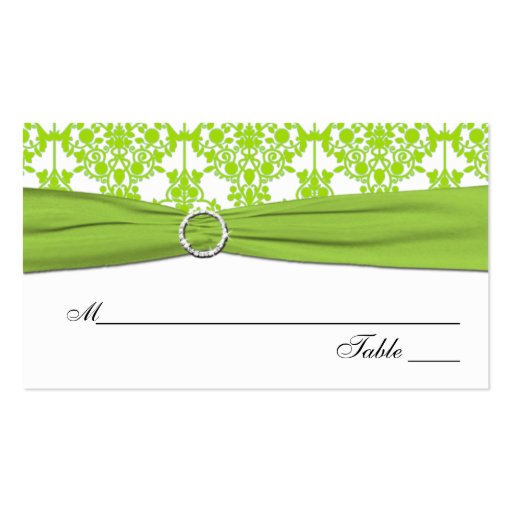 White and Green Damask Placecards Business Card (front side)