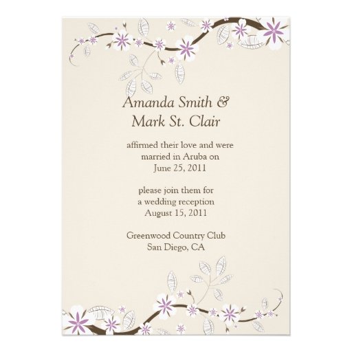 White and Lavender Blossoms on Ecru Post Wedding Invitation