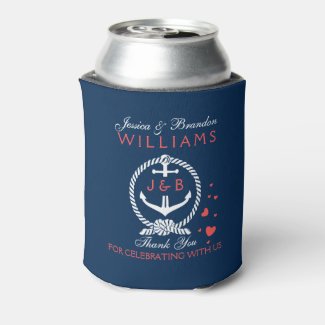 White And Navy Blue Nautical Anchor Can Cooler