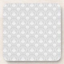 White and Pastel Gray Damask Design. Beverage Coasters