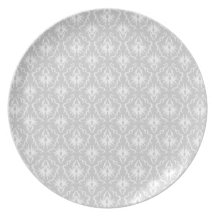 White and Pastel Gray Damask Design. Party Plate