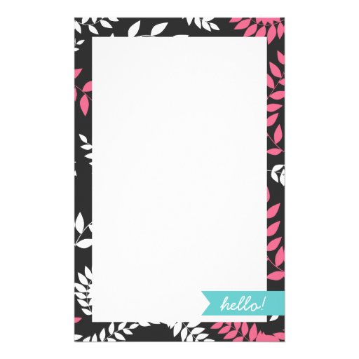 White and Pink Ferns Foliage on Black Stationery Design