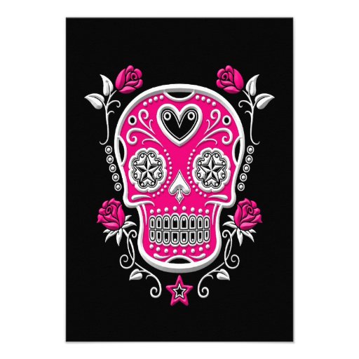 White and Pink Sugar Skull with Roses on Black Invitation