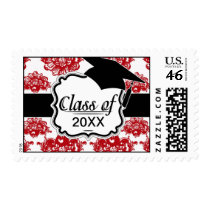 white and red romance damask pattern graduation postage stamp