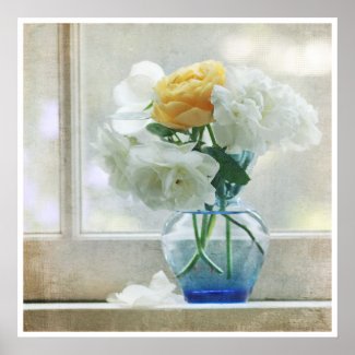 White and yellow roses on the window sill poster