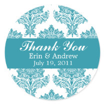 White & Aqua Damask Round Wedding Labels Round St Stickers