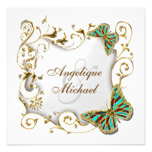 White aqua gold country wedding personalized invites