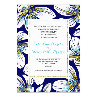 White, aqua, gold foil floral navy blue wedding 5x7 paper invitation card