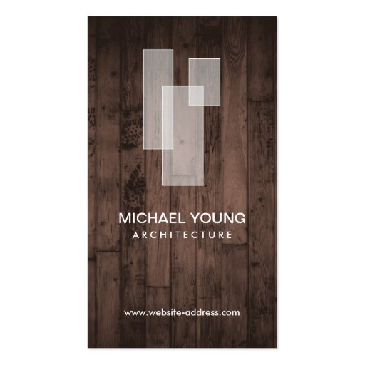 WHITE ARCHITECTURAL LOGO on Rustic Woodgrain Business Card Templates (front side)