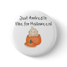 round_button - An adorable baby with one curly hair sits inside an orange pumpkin on customizable Halloween T-shirts, magnets, greeting cards, tote bags, and other items that are perfect for babys first Halloween!: Sizes 