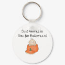 round_keychain - An adorable baby with one curly hair sits inside an orange pumpkin on customizable Halloween T-shirts, magnets, greeting cards, tote bags, and other items that are perfect for babys first Halloween!: Sizes 