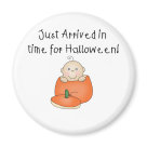 round_magnet - An adorable baby with one curly hair sits inside an orange pumpkin on customizable Halloween T-shirts, magnets, greeting cards, tote bags, and other items that are perfect for babys first Halloween!: Sizes 