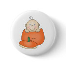 round_button - An adorable baby with one curly hair sits inside an orange pumpkin on customizable Halloween T-shirts, magnets, greeting cards, tote bags, and other items that are perfect for babys first Halloween!: Sizes 
